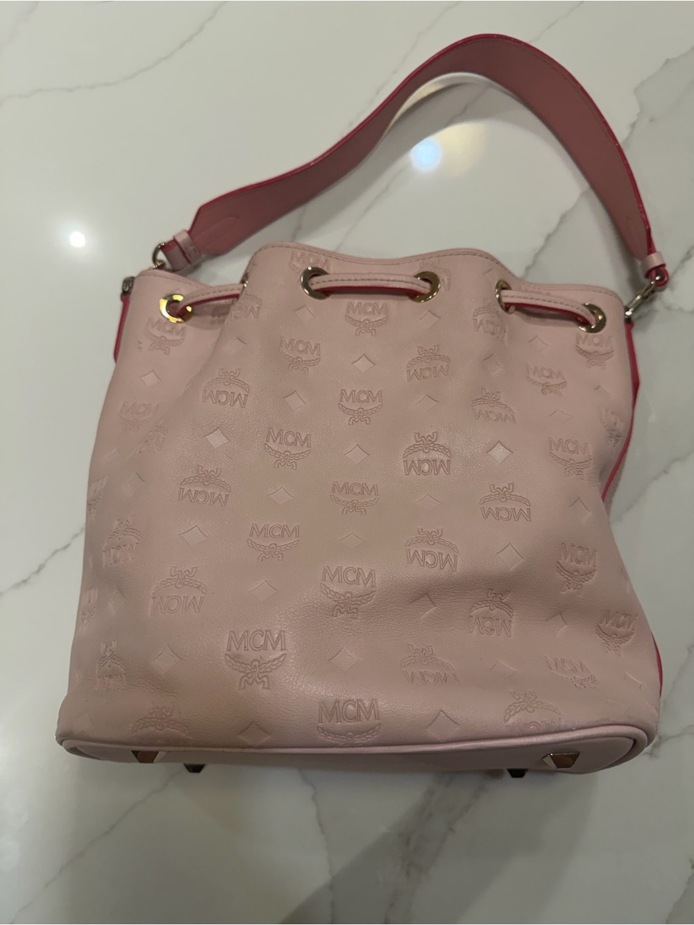 MCM Light Pink Embossed Drawstring Shoulder Bucket Bag - Picture 7 of 11